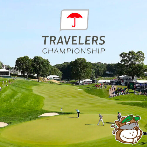 An image of TPC River Highlands with the Travelers Championship and Tour Junkies logos